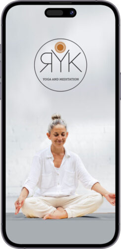 RYK Yoga & Meditation mobile app displayed on an iPhone, offering guided yoga, meditation, and wellness resources.