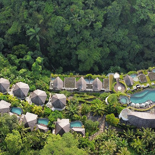Aerial view of RYK Yoga retreat – A peaceful and serene retreat location surrounded by lush nature.